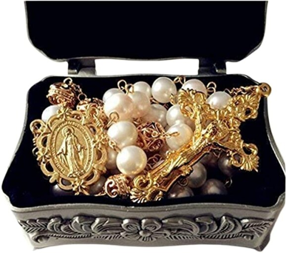 White Pearl Rose Gold Beads Catholic Rosary