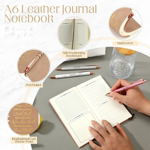 A6 leather journal notebook with pen holder, silk bookmark, and inspirational words.
