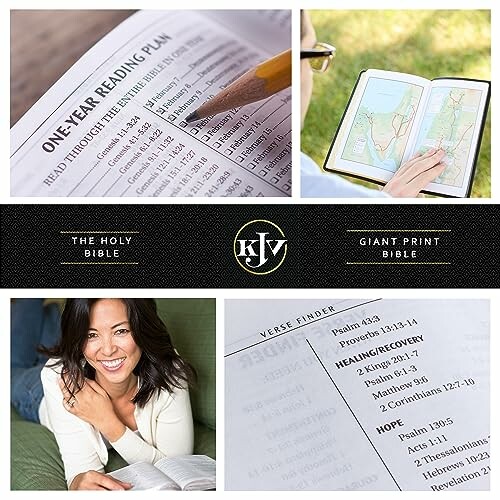 Collage of Bible reading plan, map, smiling woman reading, and verse finder