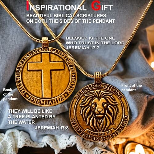 Gold pendants with biblical scriptures and designs.