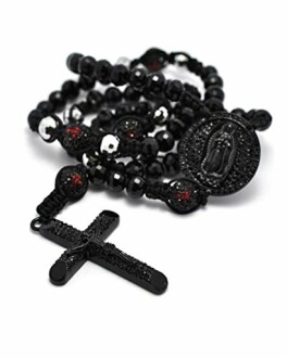 Black Crystal Pave Round Beads Cross Rosary Necklace