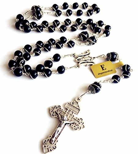 Black and silver rosary beads with a decorative cross