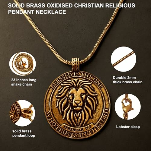 Brass oxidized Christian religious pendant necklace with lion design.