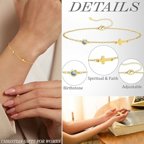 Gold bracelet with cross and birthstone details for women