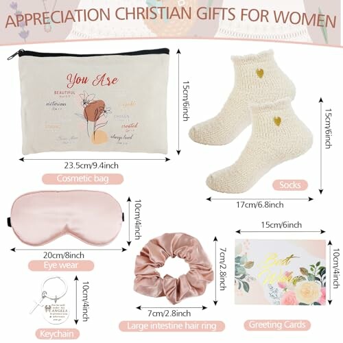 Christian gift set for women including cosmetic bag, socks, eye mask, scrunchie, keychain, and greeting cards.