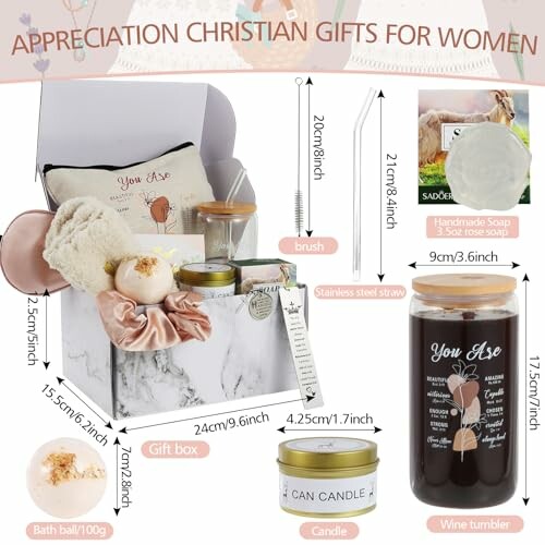 Gift box with Christian-themed items for women including a pillow, candle, soap, and tumbler.