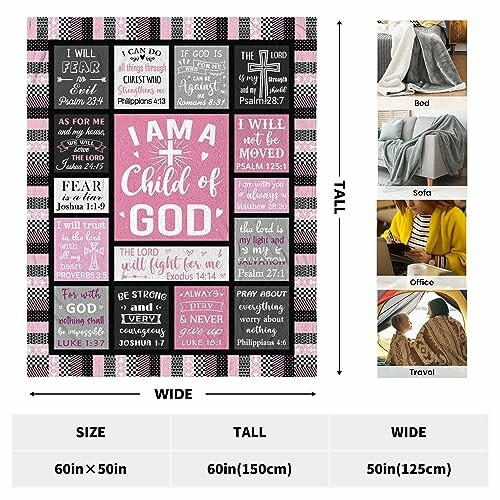 Christian quilt with inspirational Bible verses, wrapped around a person on a sofa.