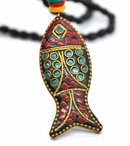 Colorful fish pendant necklace with mosaic design.