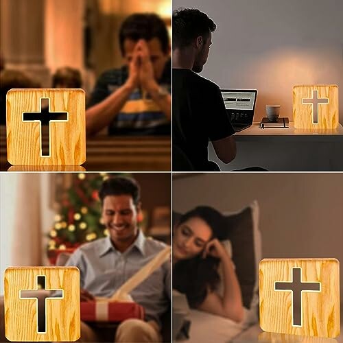 Cross night light in various settings: prayer, working at desk, gift opening, and resting in bed.