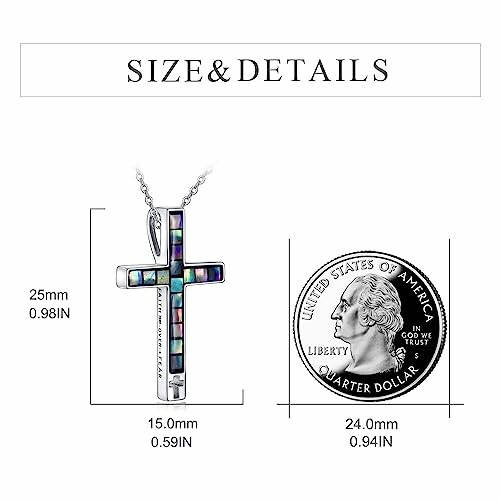 Cross pendant size comparison with a US quarter.