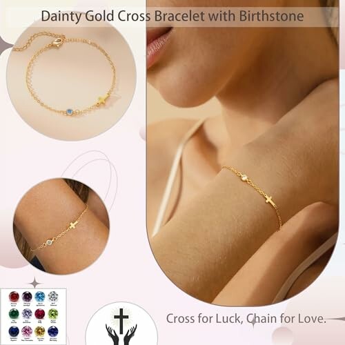 Dainty gold cross bracelet with birthstone on a woman's wrist