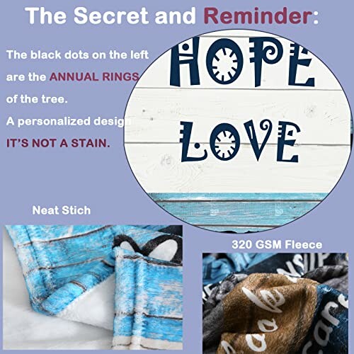 Close-up of the fleece blanket design showing annual rings and stitching.