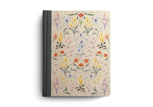 Notebook with colorful floral pattern and black spine.