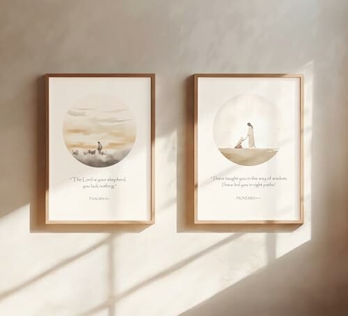 Two framed artworks with Psalm quotes on a sunlit wall.