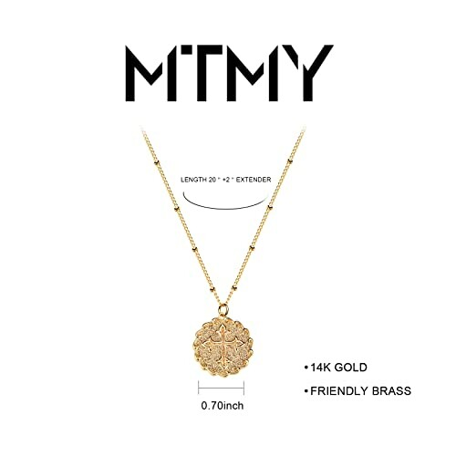 Gold medallion necklace with 14K gold and friendly brass, 20-inch length with 2-inch extender.