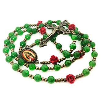 Emerald Green Jade Stone and Red Rose Rosary
