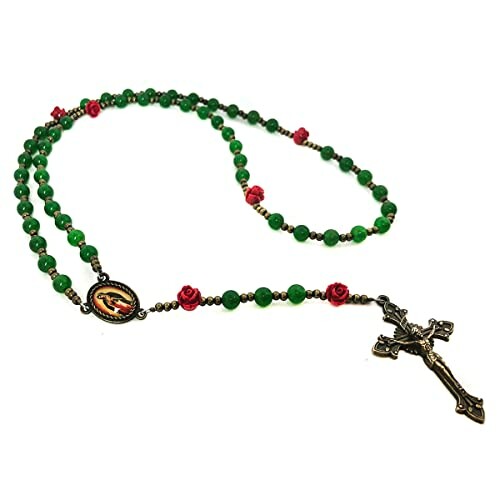 Green rosary with crucifix and red rose beads