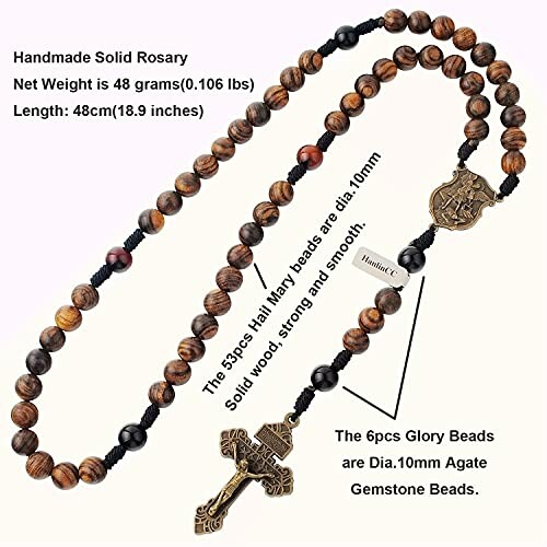 Handmade solid rosary with wooden beads and agate gemstone beads.