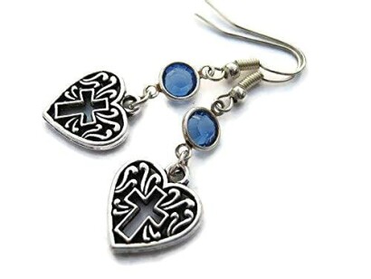 Heart with Cross Birthstone Earrings