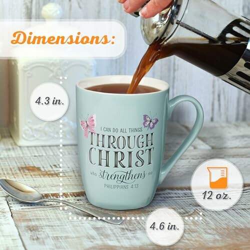 Coffee being poured into a mug with inspirational text, surrounded by measurement details.