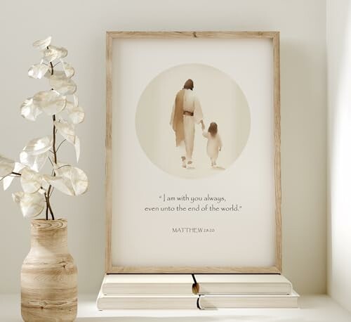Framed poster with biblical quote and illustration.