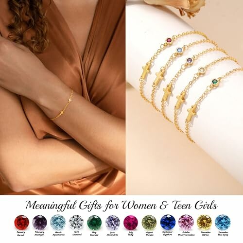 Woman wearing a gold bracelet with cross charm, colorful gemstone bracelets displayed