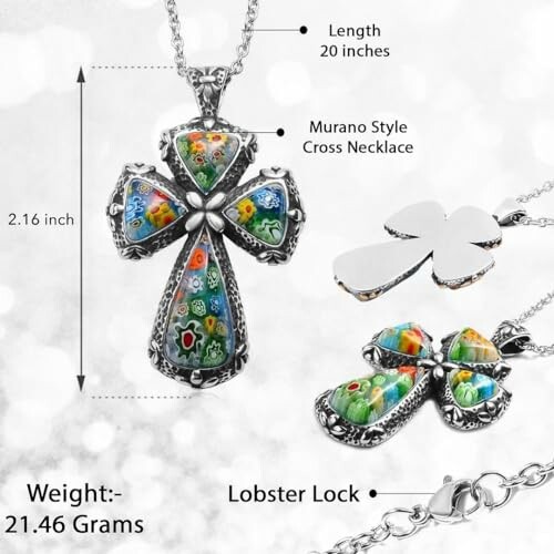 Murano style cross necklace with colorful design, length 20 inches, weight 21.46 grams.