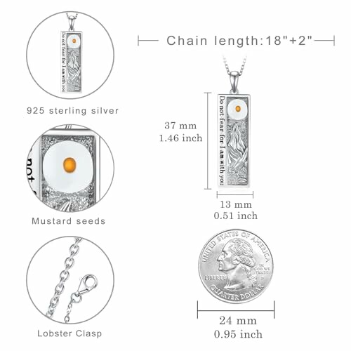 Mustard seed pendant necklace with chain length details and features.