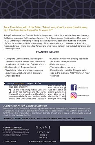 Promotional image for NRSV Catholic Bible with features and description.