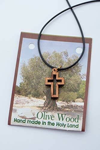 Olive wood cross necklace with Holy Land background