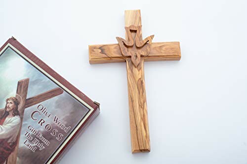 Olive wood cross with dove and packaging