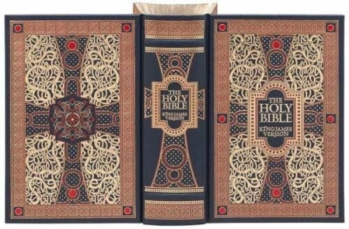 Ornate cover of the King James Bible with intricate designs.