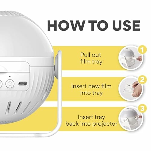 Instructions for using a projector: pull out film tray, insert new film, reinsert tray.