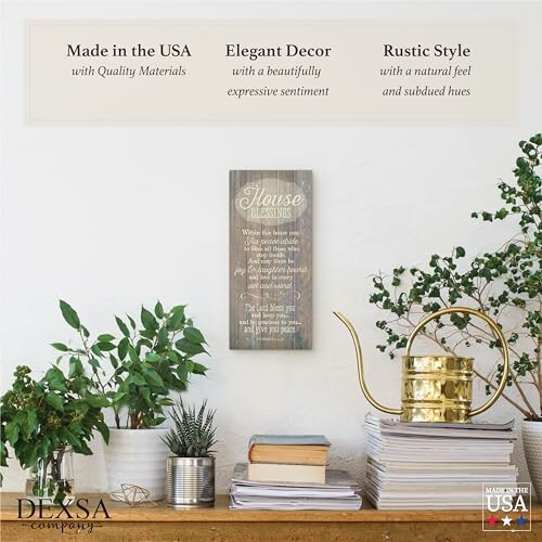 Rustic decor with plants and watering can, USA made sign.