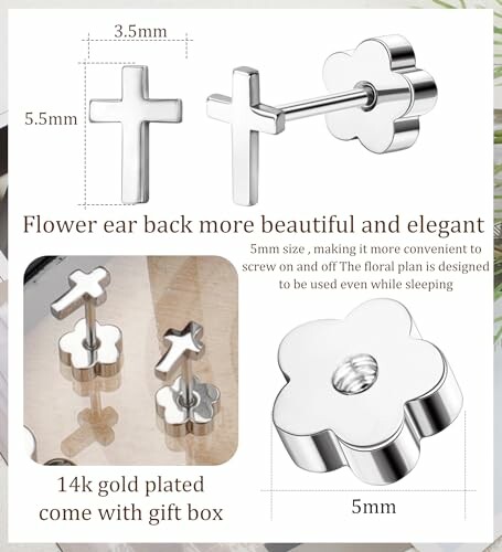 Silver cross and flower earrings with 14k gold plating.