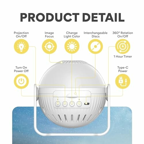 Star projector features including power options, image focus, light color change, interchangeable discs, rotation, and Type-C power.