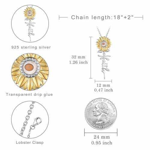 Sunflower necklace with dimensions and details.