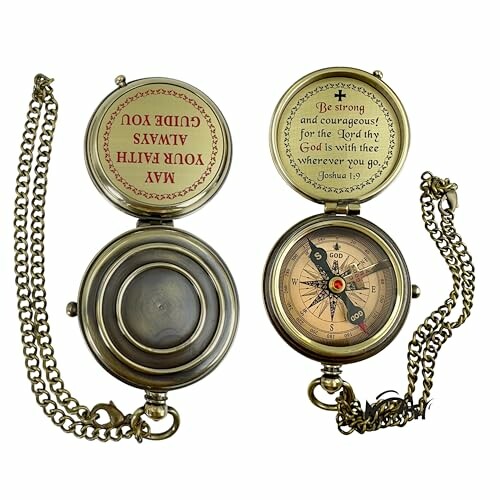 Vintage compass with religious inscriptions on the lid and face.