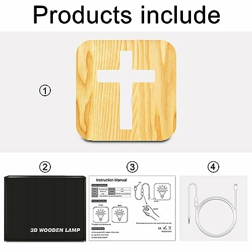 Wooden cross lamp kit contents including wooden piece, manual, and power cable.