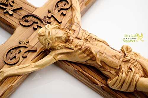Detailed wooden crucifix carving on display