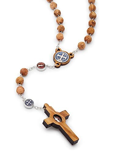 Wooden rosary beads with a cross and medallion.